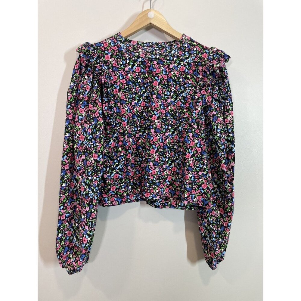 Zara Women's Floral Sweater Size L Multicolor Ruffle Balloon Sleeve Fun Colorful
